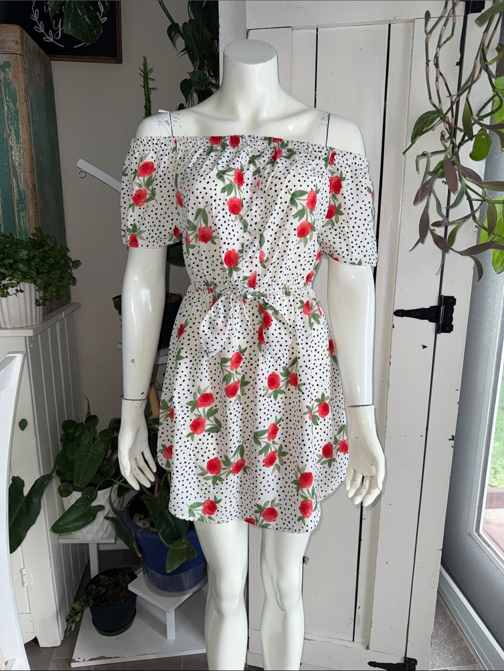 Urban Heritage White Polka Dot Dress with Red Floral Print small NWOT